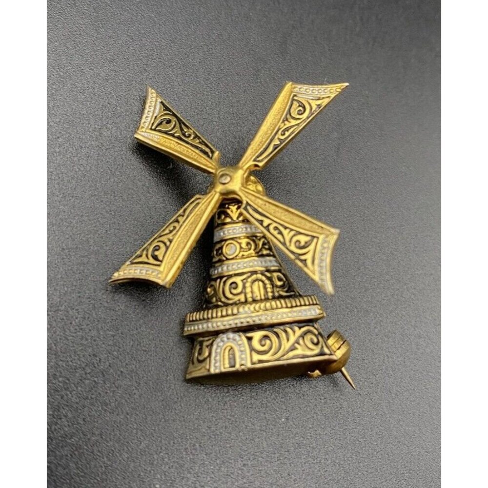 Vintage Windmill Brooch Moving Spins Gold Tone Black Signed SPAIN Whimsical - Picture 3 of 7